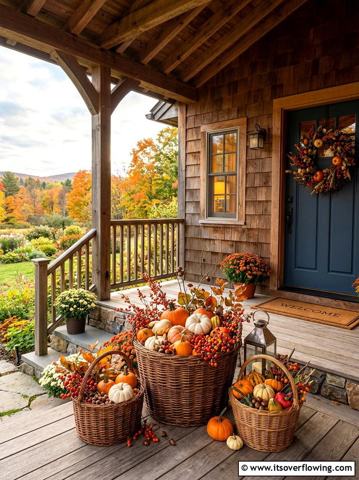 Festive basket arrangements - 25 front porch decor ideas for thanksgiving