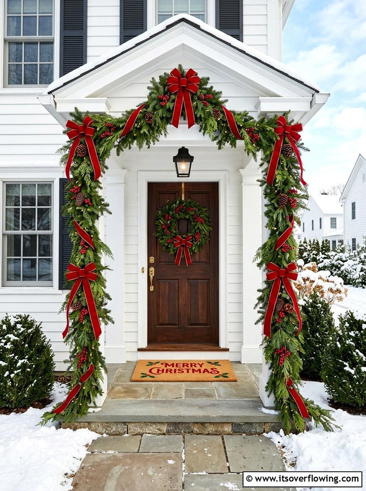 Festive garland around front door - 25 front porch ideas with holiday doormat