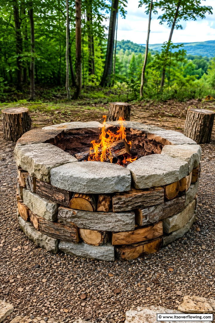 Fire Pit with Log and Stone Stack Design - 30 Rustic Fire Pit Ideas for Cozy Outdoor Gatherings