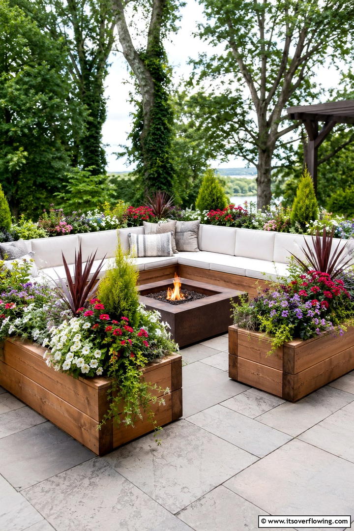Fire Pit with Surrounding Planters - 30 Square Fire Pit Ideas for Modern Outdoor Gathering Spaces