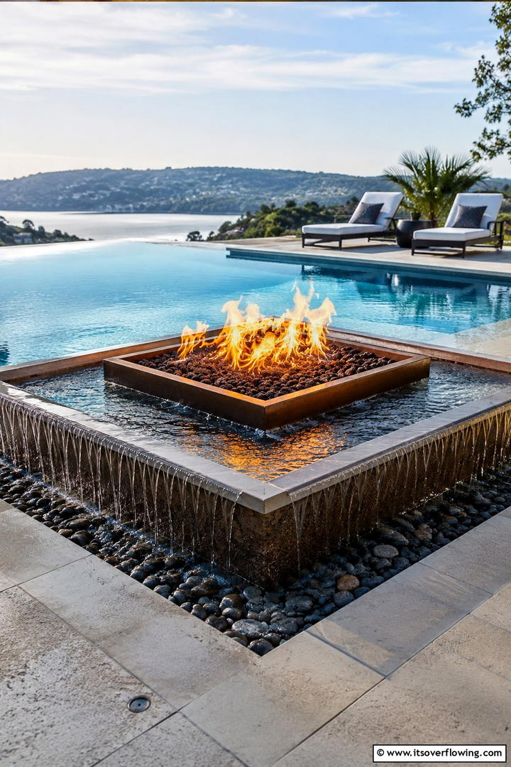 Fire and Water Feature Square Pit - 30 Square Fire Pit Ideas for Modern Outdoor Gathering Spaces