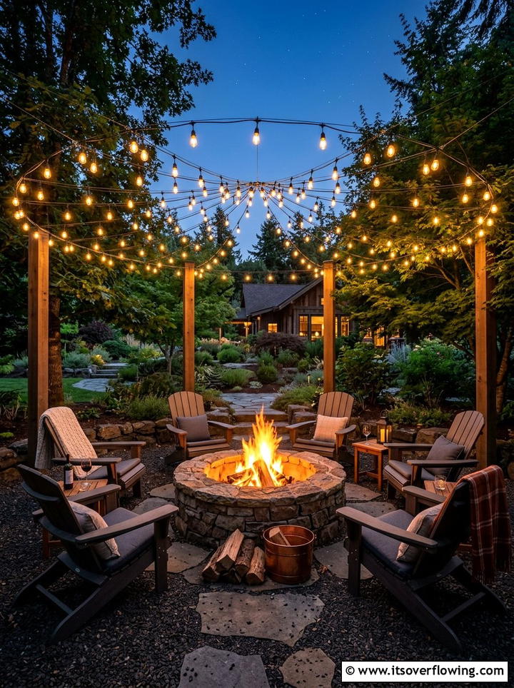 Fire pit area lighting - 25 garden decor ideas with string bulb lights