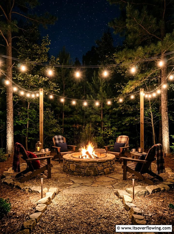 Fire pit area with surrounding lights - 25 small garden ideas with lighting