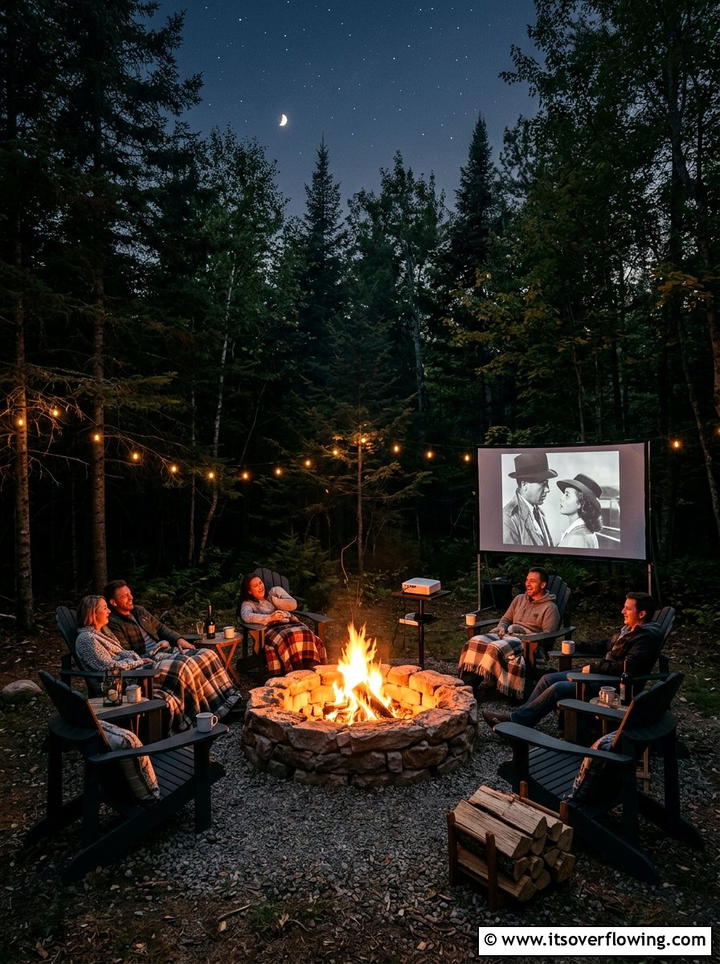 Fire pit seating for films - 25 backyard ideas with outdoor movie setup