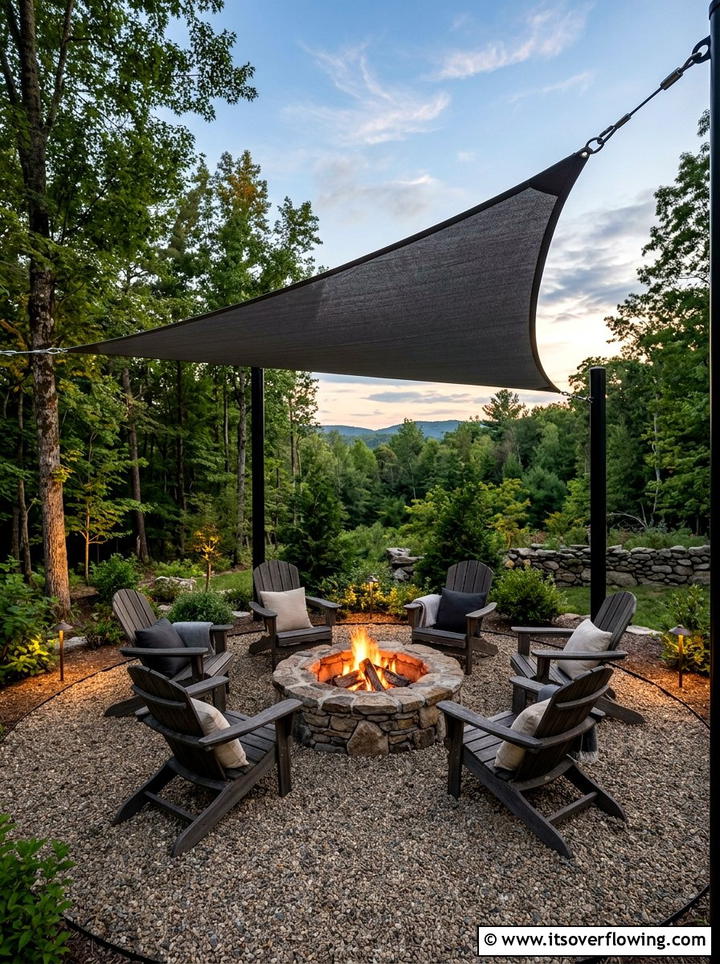 Fire pit shade sail setup - 25 backyard decorating ideas with shade sail