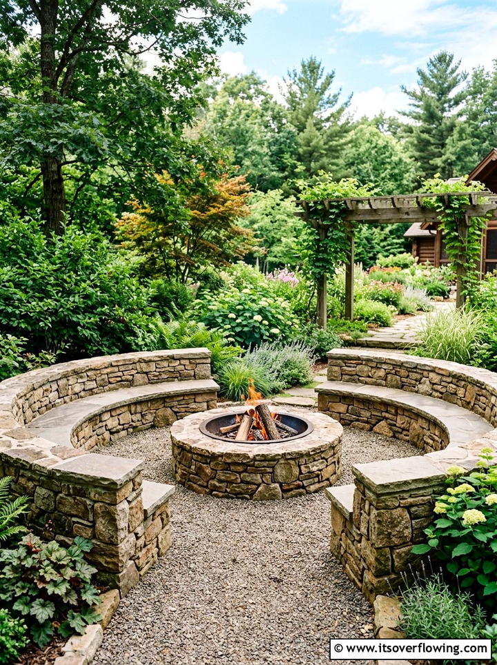 Fire pit stone bench - 25 backyard ideas with stone seating