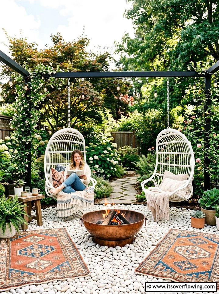 Fire pit with hanging chairs - 25 garden ideas with fire pit