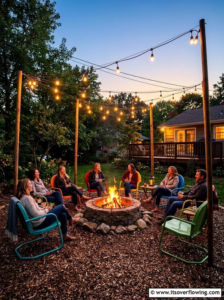 Fire pit with string lights - 25 garden ideas with fire pit