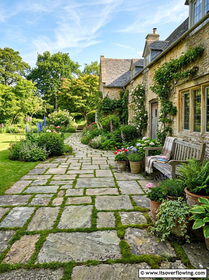 Flagstone Patio With Grass - 25 backyard ideas with farmhouse style