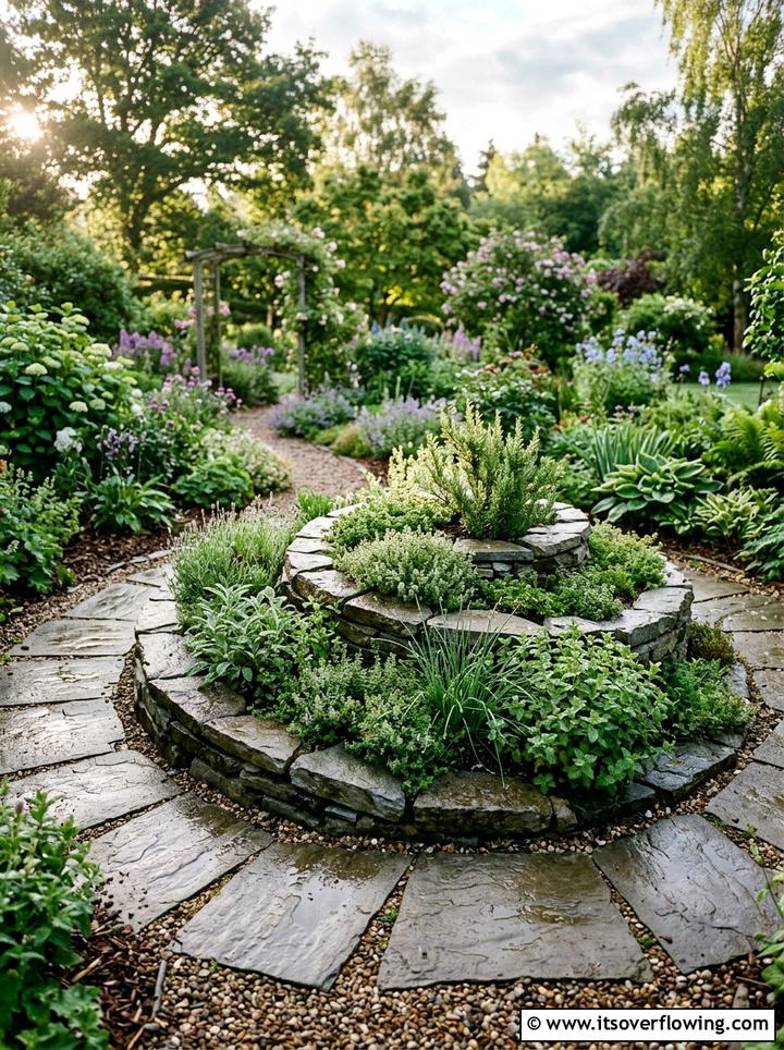 Flagstone herb spiral walkway - 25 garden ideas with herb spirals