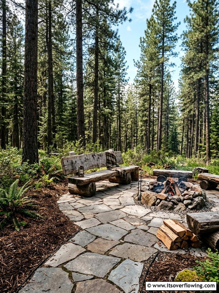 Flagstone patio with rustic log bench - 25 backyard ideas with benches