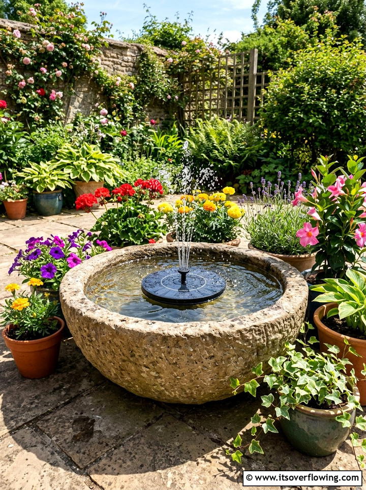 Floating Solar Fountain - 25 backyard decorating ideas with mini fountains