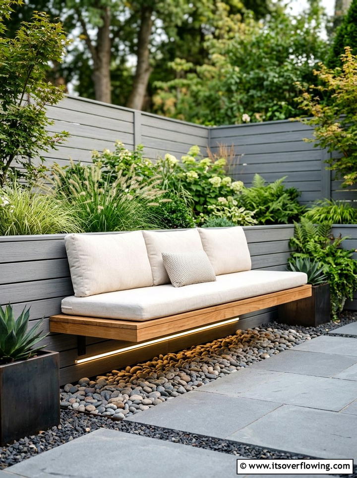 Floating Wood Bench - 25 backyard ideas for narrow yards