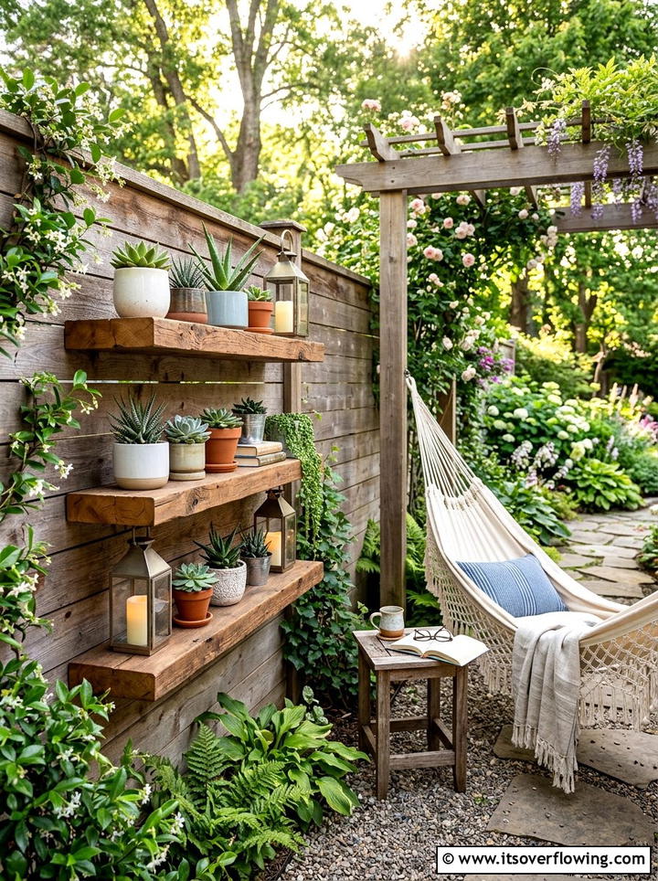 Floating Wood Shelves - 25 garden decor ideas with fence decorations