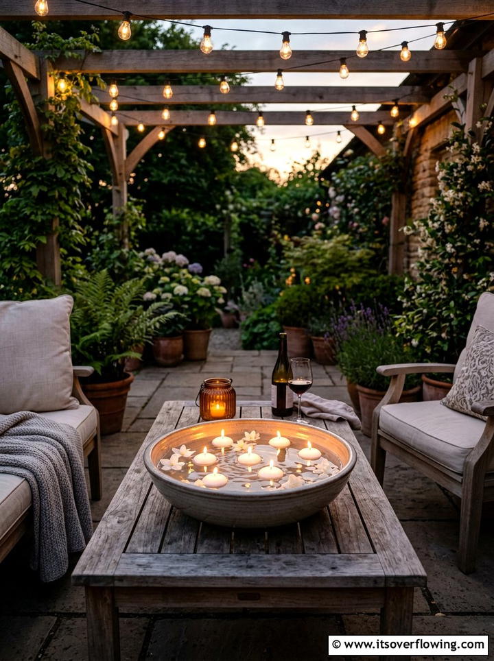 Floating candle water bowl - 25 garden decor ideas with water bowls