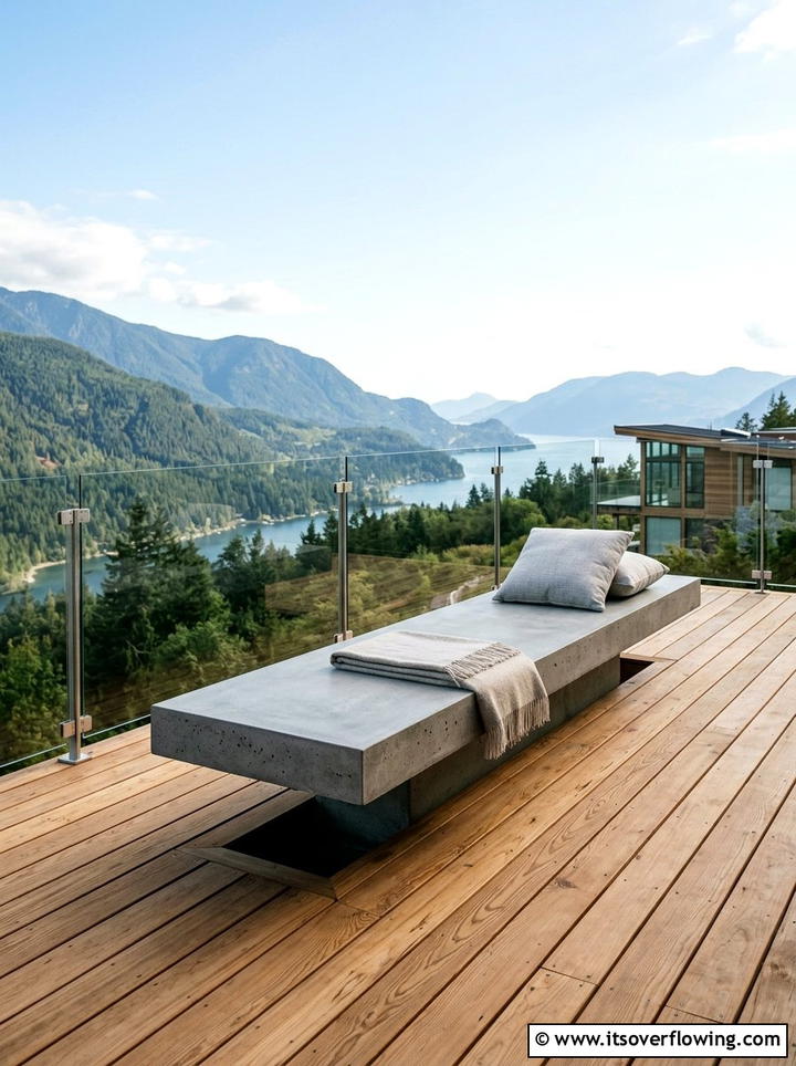 Floating concrete bench on wood deck - 25 backyard ideas with concrete bench