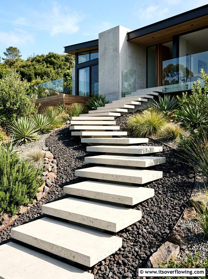 Floating concrete stairs - 25 garden decor ideas with stepping stones