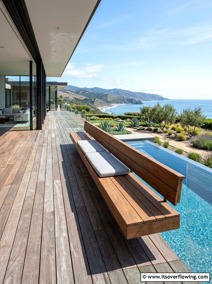 Floating deck bench with backrest - 25 backyard ideas with benches