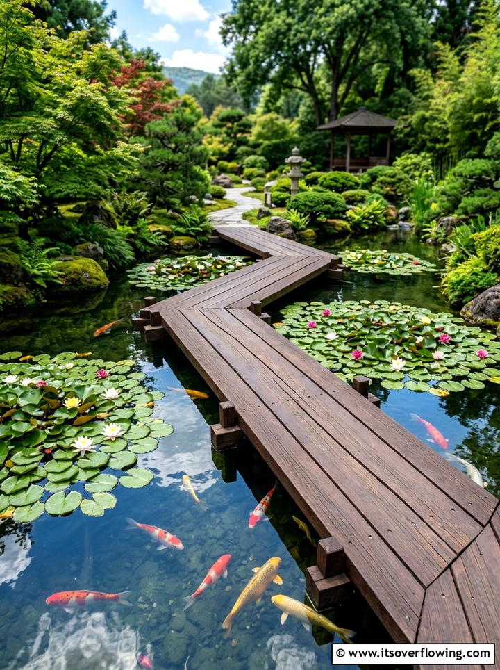 Floating deck walkway over pond - 25 creative garden ideas with secret pathways