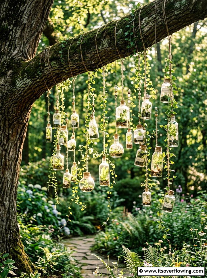 Floating glass bottle garden - 25 creative garden ideas with hanging bottle planters