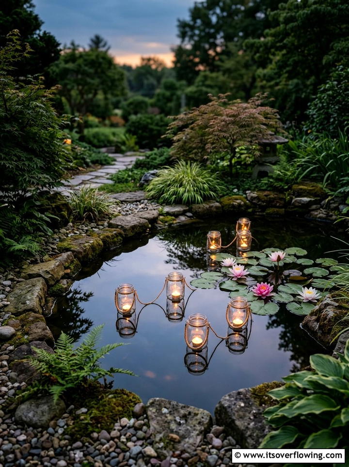 Floating mason jar water feature - 25 garden ideas with mason jar lanterns