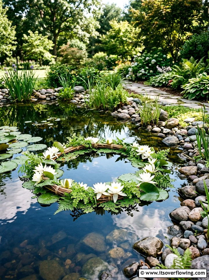 Floating pond floral hoop - 25 garden decor ideas with floral hoops