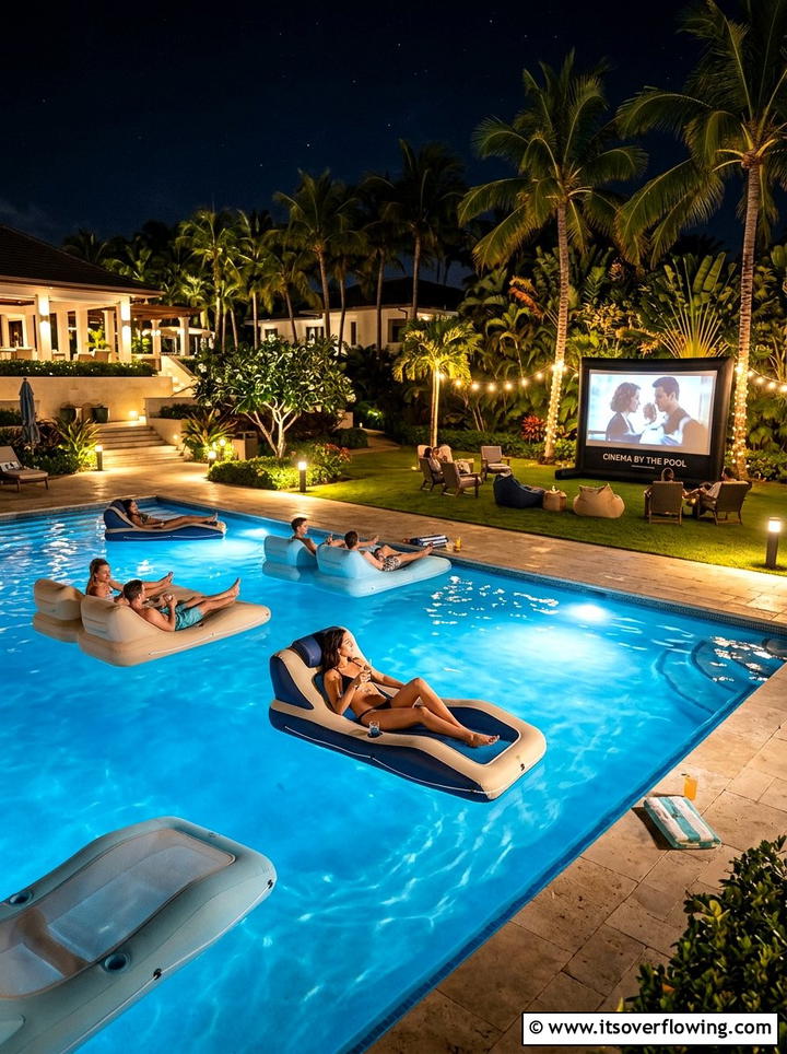 Floating pool loungers - 25 backyard ideas with outdoor movie setup