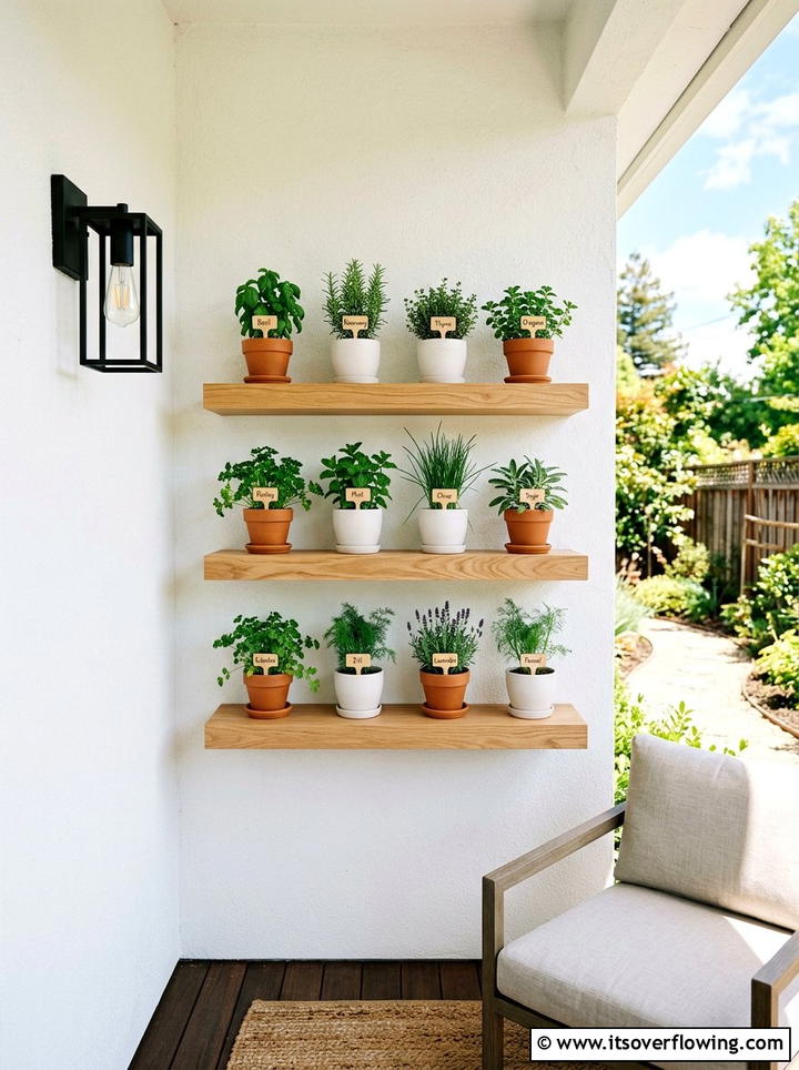 Floating shelf herb display - 25 front porch ideas with herb planters