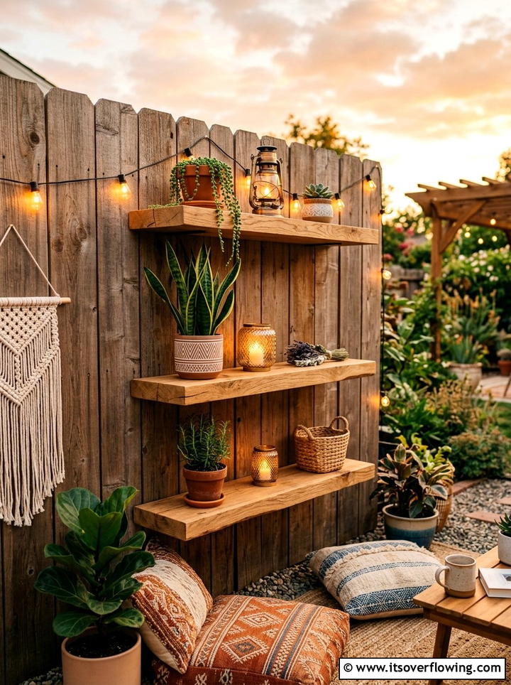 Floating shelves on fence - 25 backyard decorating ideas with fence decor