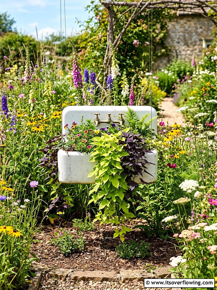 Floating sink garden art - 25 upcycled garden ideas with old sinks