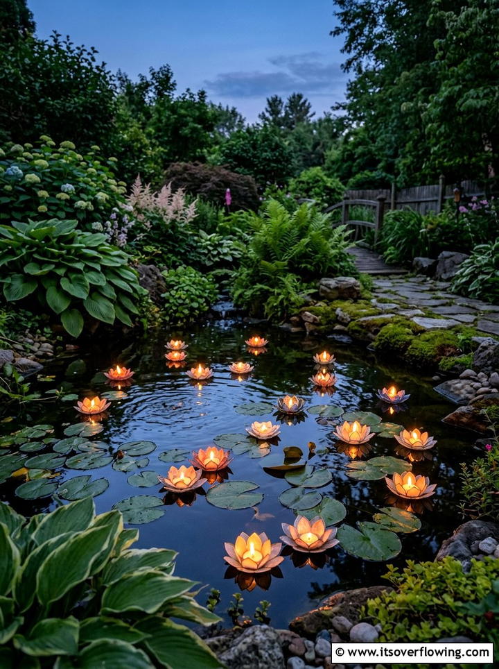Floating tea lights in pond - 25 garden decor ideas with tea lights
