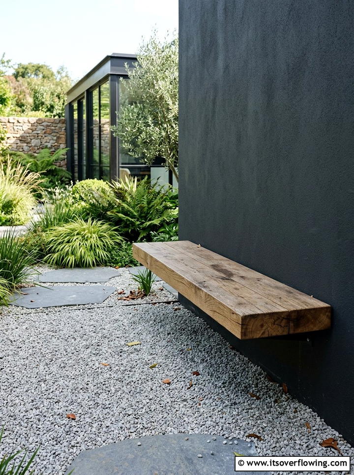 Floating timber bench - 25 small garden ideas with zen style