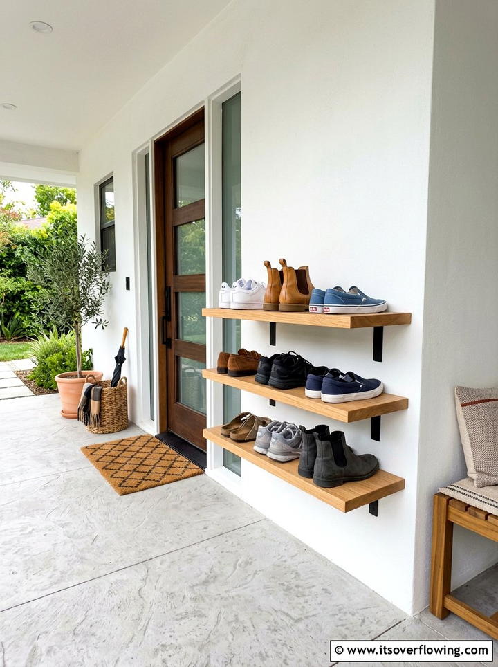 Floating wall mounted shoe rack - 25 front porch ideas with shoe storage