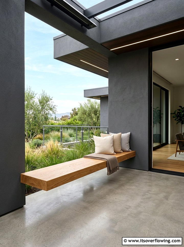 Floating wood bench - 25 front porch ideas with modern style