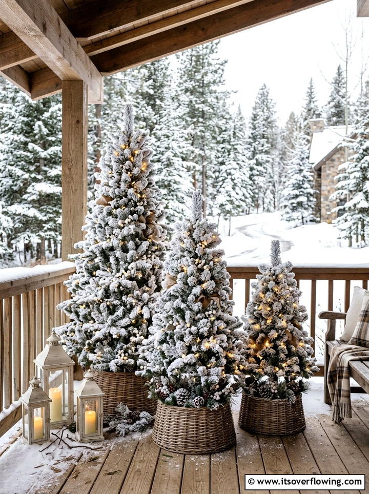 Flocked Porch Trees - 25 front porch decor ideas for christmas