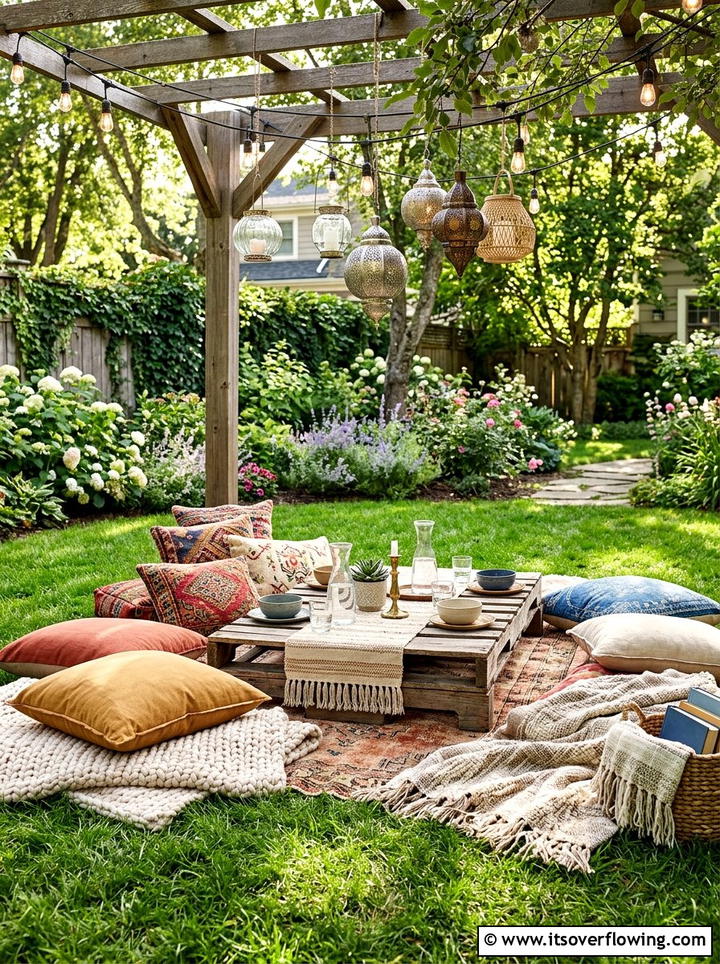 Floor Pillow Seating - 25 backyard decorating ideas with throws
