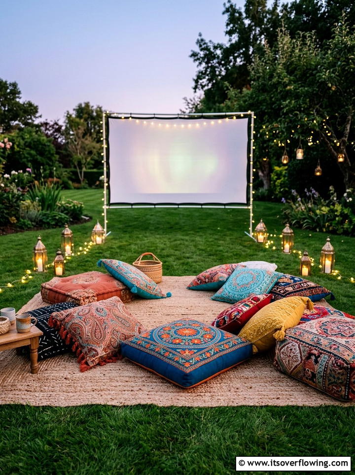 Floor cushions for lawn seating - 25 backyard ideas with outdoor movie setup