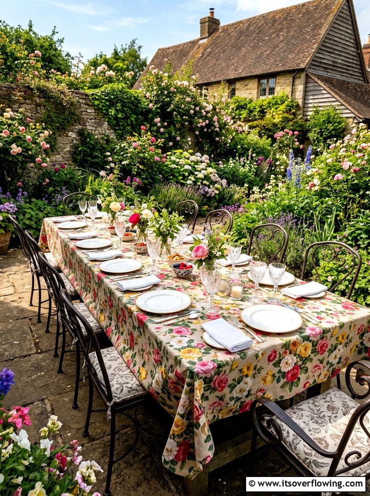 Floral Print Tablecloth - 25 backyard decorating ideas with garden party style