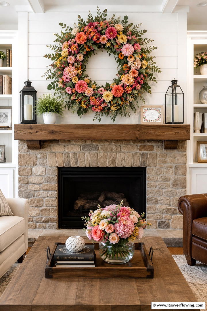 Floral Wreath Focal - 30 Spring Mantel Decor Ideas for Fresh Seasonal Style
