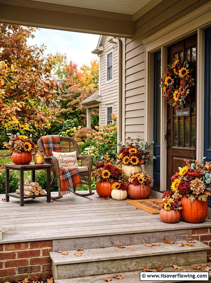 Floral pumpkin porch - 25 front porch decor ideas with fake pumpkins