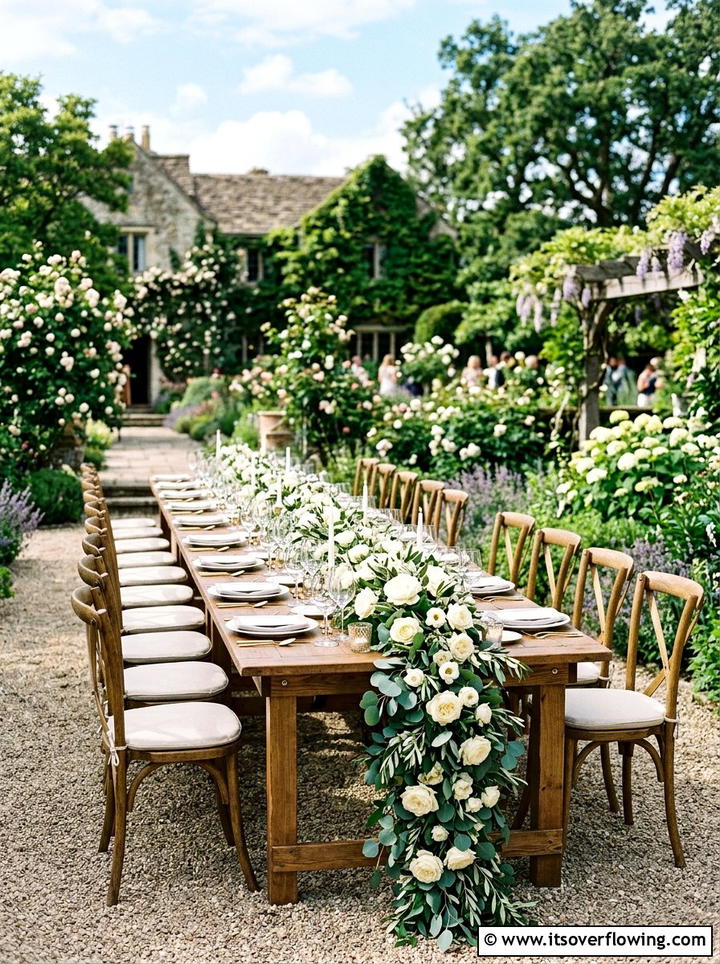 Floral table runner - 25 garden decor ideas for outdoor parties