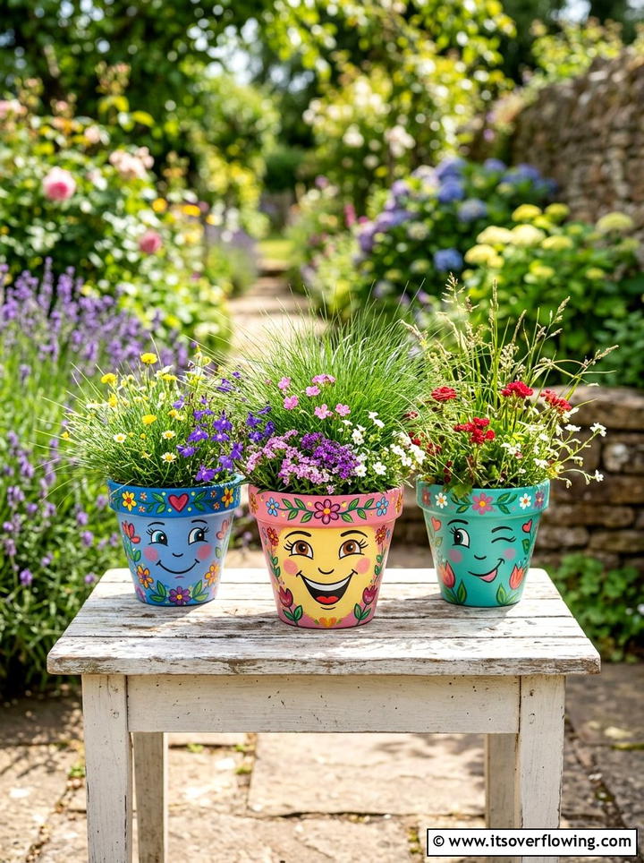 Flower Face Painted Pots - 25 garden ideas with painted pots