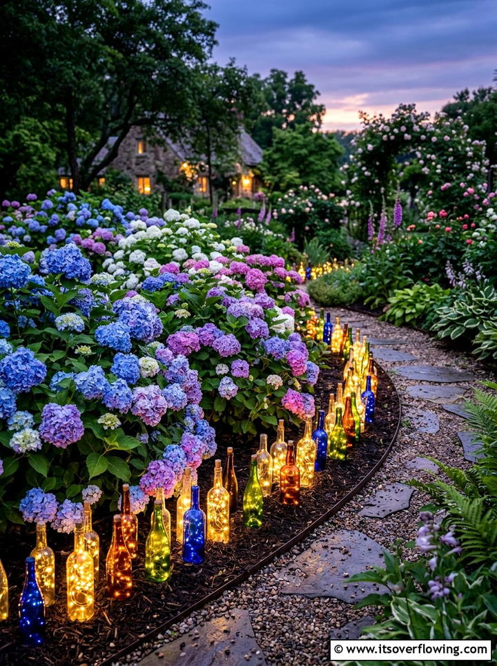 Flower bed bottle border - 25 garden decor ideas with bottle lights