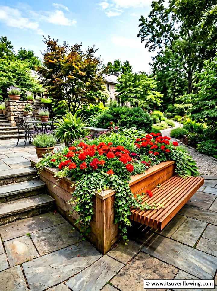 Flower bed with built in bench - 25 backyard ideas with benches