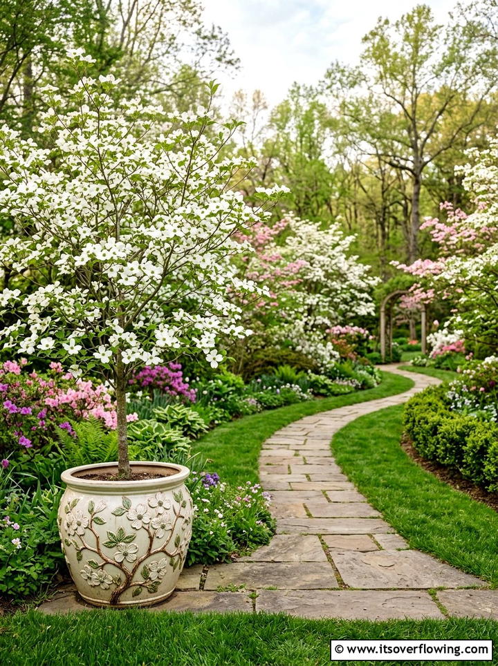 Flowering Dogwood Walkway - 25 backyard decorating ideas with potted trees