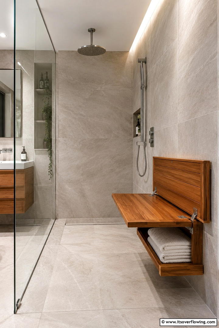 Fold Down Storage Benches for Space Efficiency - 30 Shower Storage Ideas to Declutter Your Bathroom
