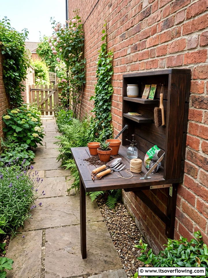 Foldable Wall Mounted Potting Bench - 25 backyard ideas with potting station