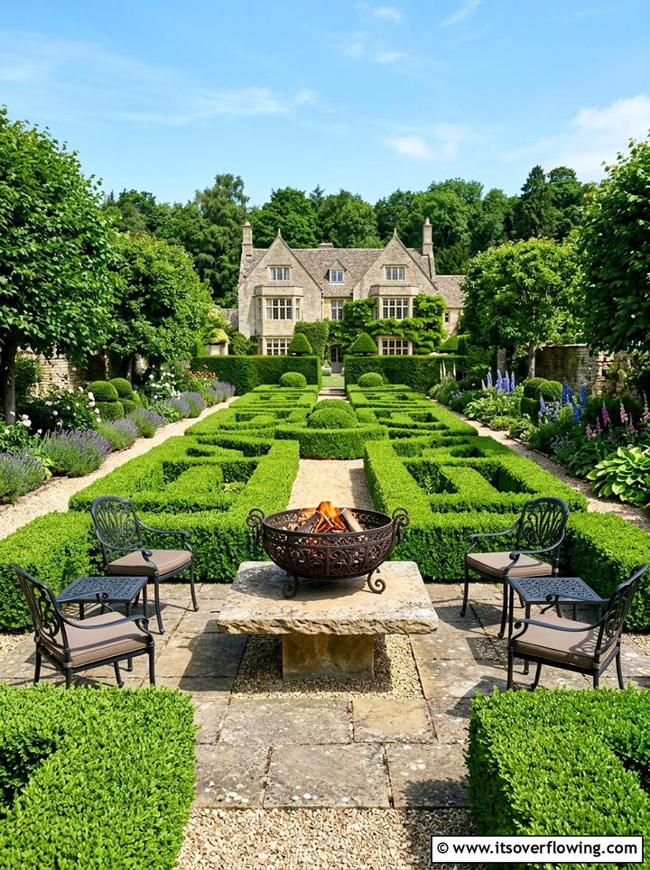 Formal Hedge Garden - 25 backyard decorating ideas with tabletop fire bowls