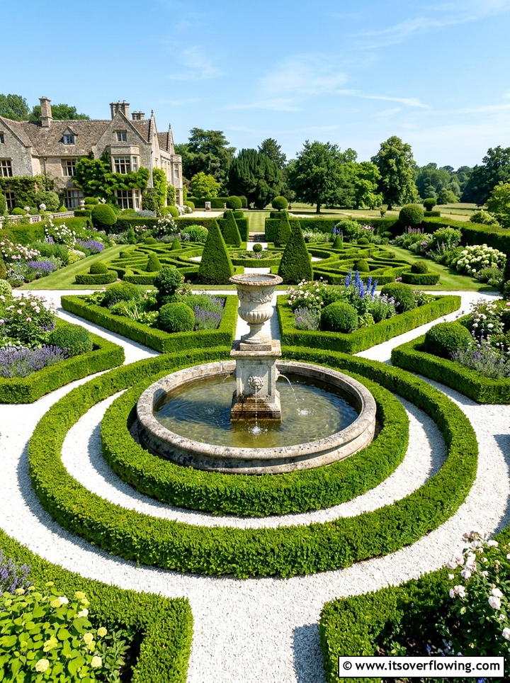 Formal boxwood garden fountain - 25 garden ideas with fountain