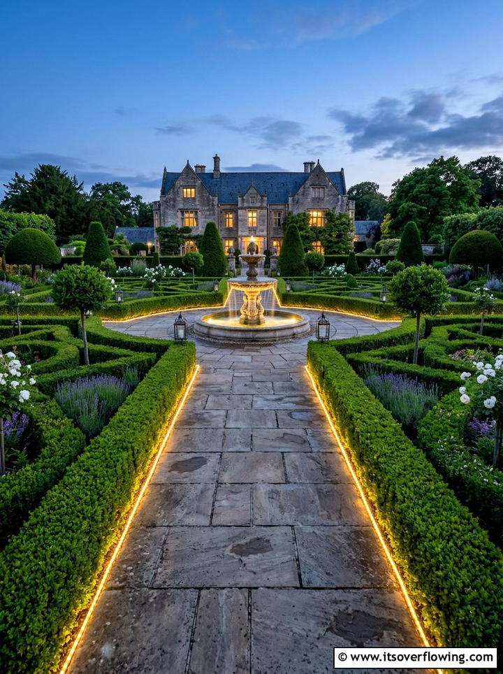 Formal garden with geometric path lighting - 25 creative garden ideas with fairy light pathways